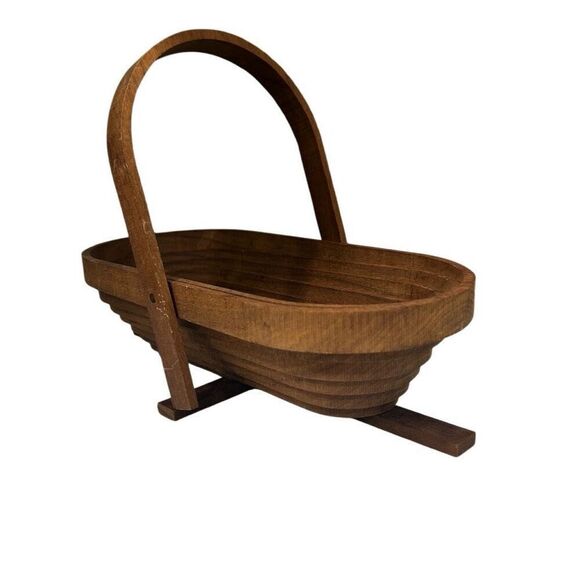 Paul Wright Collapsible Brown Wooden Basket With Handle Oval Shaped Storage - Picture 8 of 12